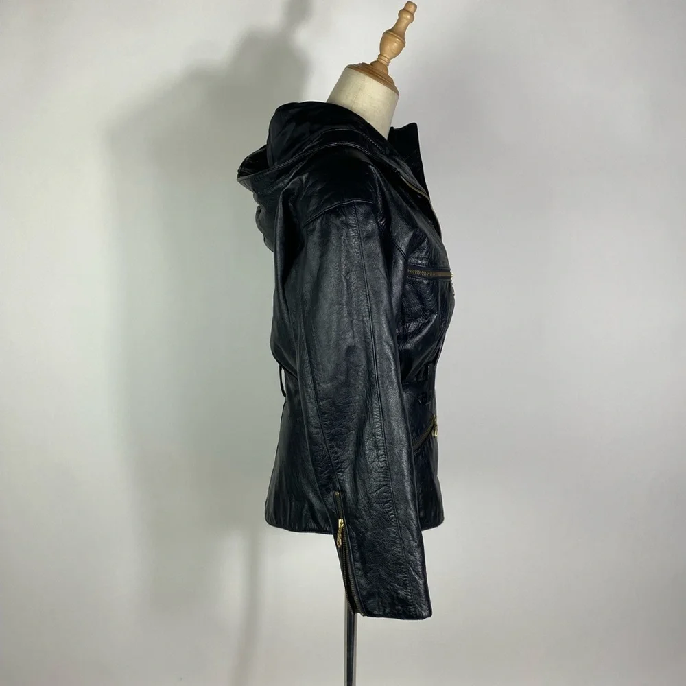 VINTAGE WILSONS Womens 90s Leather Hooded Moto Jacket Gold Tone Hardware XS - Picture 5 of 12